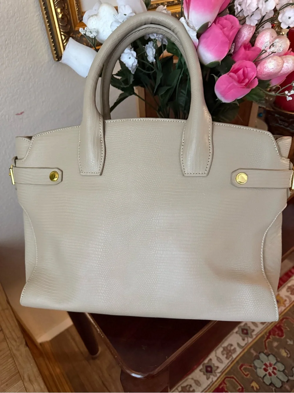 Joy Mangano Beige Textured Satchel with Gold Hardware
